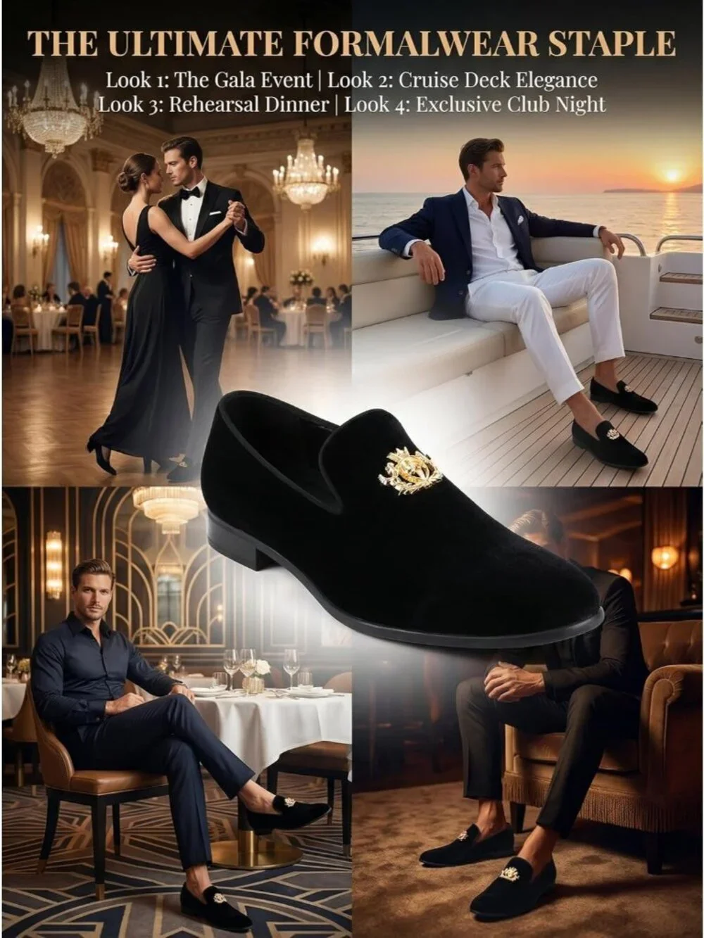 Cenprmon Men's Black Elegant Velvet Loafers Metal Buckle Penny Slip On Shoes